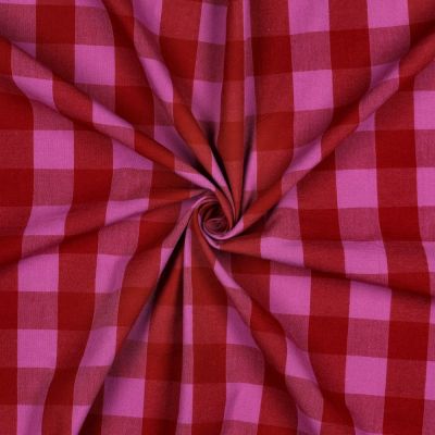 Tissu Coton fil teint Nelly carreaux Fuschia sur fond Rouge - Par 10 cm