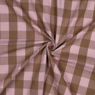 Tissu Coton fil teint Nelly carreaux Rose clair sur fond Brun - Par 10 cm