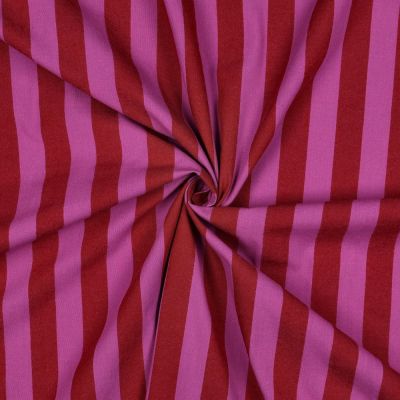 Tissu Coton fil teint Nora rayures Fuschia sur fond Rouge - Par 10 cm