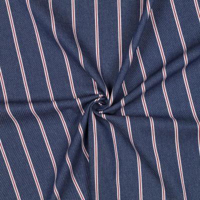 Tissu Chambray Coton James rayures fines Blanc et Rouge sur fond Bleu denim - Par 10 cm