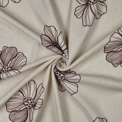Tissu Viscose Lin Yoko brodé grandes fleurs sur fond Naturel - Par 10 cm
