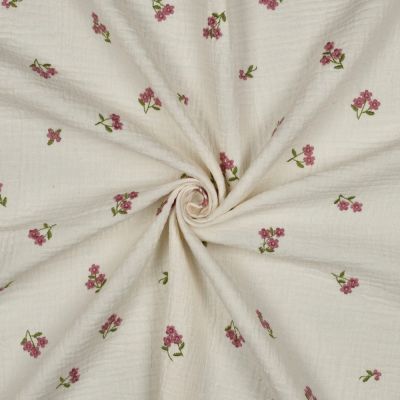 Tissu Double gaze de Coton Camilia petites fleurs brodées Rose sur fond Ecru - Par 10 cm