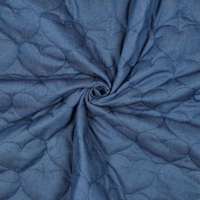 Tissu Chambray Matelassé Réversible motif coeurs brodés sur fond Bleu denim - Par 10 cm
