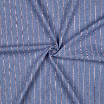 Tissu Jeans Denim Alix Rayures fines bordeaux sur fond Bleu - Par 10 cm