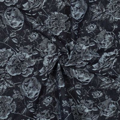 Tissu Jacquard Jean Denim Fleuris Rosyelle sur fond Bleu nuit - Par 10 cm