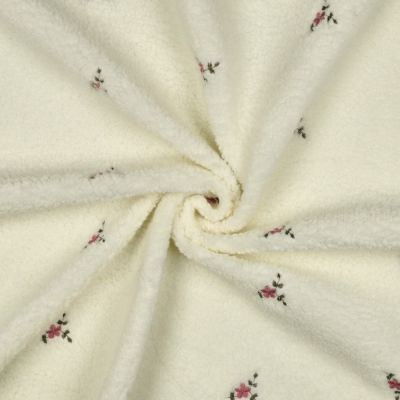 Tissu Bouclette Teddy Fleurs Maya brodées sur fond Blanc cassé - Par 10 cm