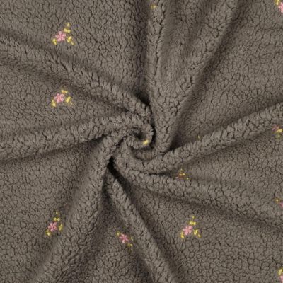 Tissu Bouclette Teddy Fleurs Maya brodées sur fond Gris - Par 10 cm