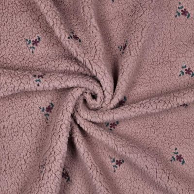 Tissu Bouclette Teddy Fleurs Maya brodées sur fond Vieux rose - Par 10 cm