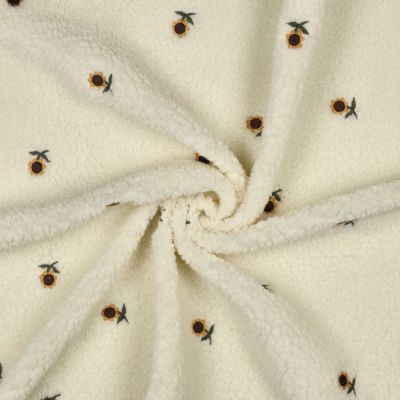 Tissu Bouclette Teddy Tournesols brodés sur fond Blanc cassé - Par 10 cm