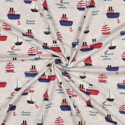 Tissu Jersey Coton mélangé Nolan petits bateaux sur fond Gris clair - Par 10 cm