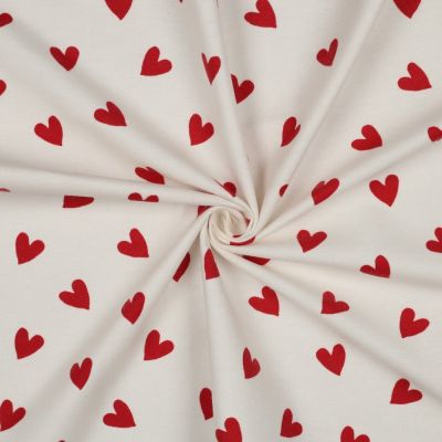 Tissu Flanelle de Coton Caline coeurs Rouge sur fond Blanc cassé - Par 10 cm