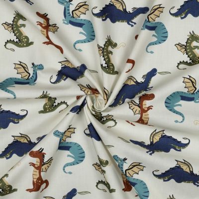 Tissu Popeline de Coton Eliot dragons multicolore sur fond Blanc cassé - Par 10 cm