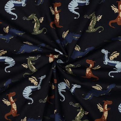 Tissu Popeline de Coton Eliot dragons multicolore sur fond Bleu marine - Par 10 cm