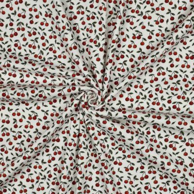 Tissu Jersey Bord Côte Digital Ambre petites cerises Rouges sur fond Blanc cassé - Par 10 cm