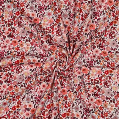 Tissu Jersey Bord Côte Digital Léonie fleurs sauvages ton Pêche sur fond Blanc cassé - Par 10 cm