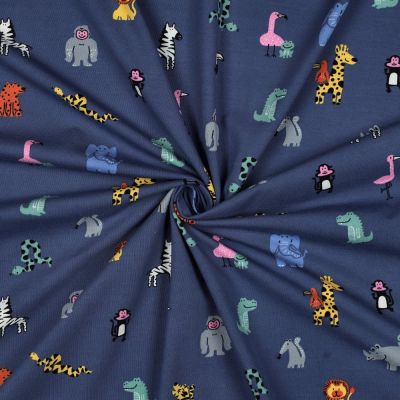 Tissu Jersey Coton imprimé Animaux Pop sur fond Bleu marine - Par 10 cm