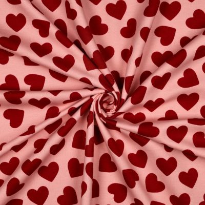 Tissu Sweat léger envers molletonné Emmy coeurs Rouge sur fond Rose - Par 10 cm