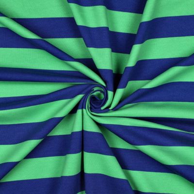 Tissu Sweat léger envers molletonné rayé Bleu marine sur fond Vert - Par 10 cm