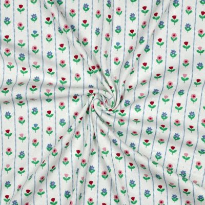 Tissu Jersey Coton imprimé Rayures fleuris Melodie vert sur fond Blanc - Par 10 cm
