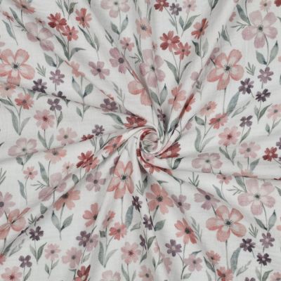 Tissu Double gaze de Coton imprimé Fleurs Mirena sur fond Blanc - Par 10 cm