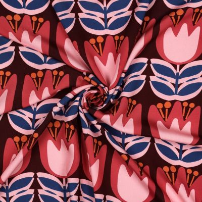 Tissu Viscose EcoVero Tulipes sur fond Bordeaux - Par 10 cm