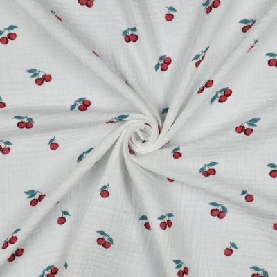 Tissu Double gaze de Coton Bio Capri petites cerises sur fond Blanc cassé - Par 10 cm