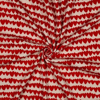 Tissu Jersey cotêlé Bio Poppy petits coeurs Rouge sur fond Naturel - Par 10 cm