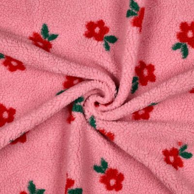 Tissu Bouclette imprimé Fleuris sur fond Rose - Par 10 cm