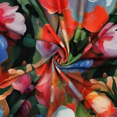 Tissu Viscose imprimé digital Mona fleurs Multicolores sur fond Noir - Par 10 cm