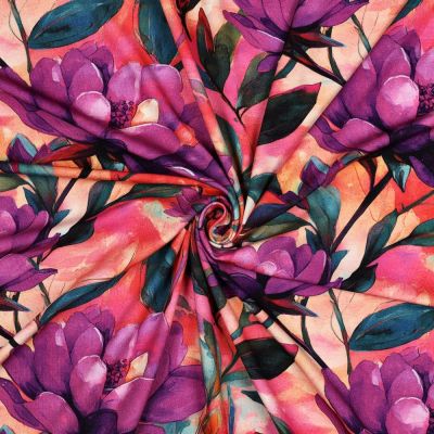 Tissu Jersey Viscose digital Malika reine des fleurs sur fond Rose saumon - Par 10 cm