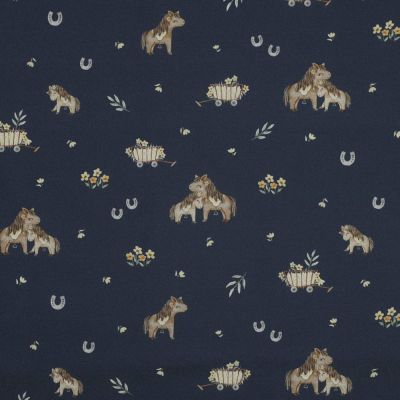Tissu Popeline de Coton beige Poneya sur fond Bleu marine - Par 10 cm
