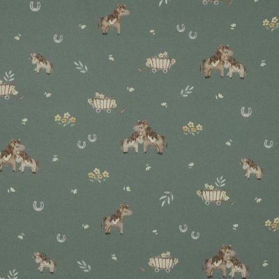 Tissu Popeline de Coton beige Poneya sur fond Vert amande - Par 10 cm