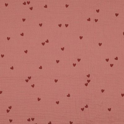 Tissu Double gaze Petits coeurs foncés sur fond Vieux rose - Par 10 cm