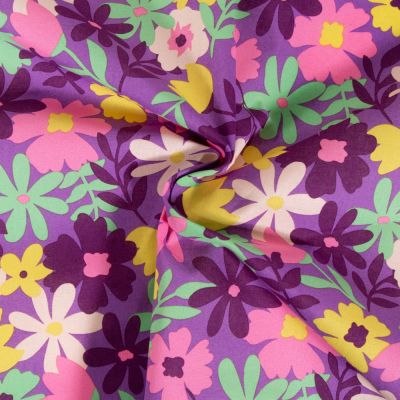 Coupon Tissu Coton enduit Poppy Fleurs roses et vertes sur fond Mauve - Coupon de 200 cm