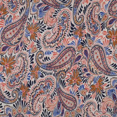 Tissu Jersey Viscose imprimé Cachemire bleu sur fond Ecru - Par 10 cm