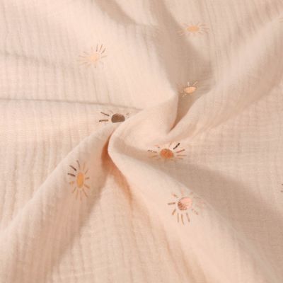 Tissu Double gaze de Coton Motif soleil foil sur fond Beige - Par 10 cm