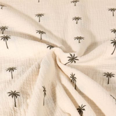 Tissu Double gaze de Coton Poppy Palmiers brodés sur fond Ecru - Par 10 cm
