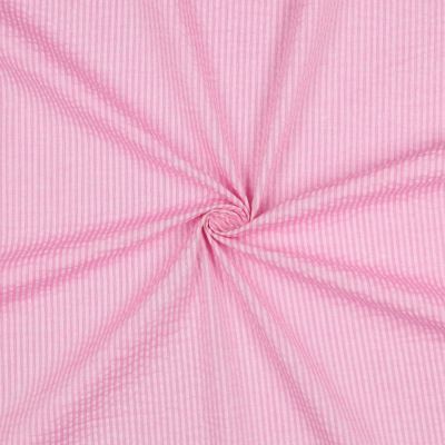 Tissu Seersucker Coton Rayures sur fond Rose - Par 10 cm