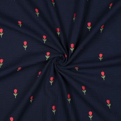 Tissu Double gaze de Coton Tulipe Rouge brodé sur fond Noir - Par 10 cm