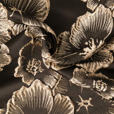 Tissu Jacquard Allover Iris fleurs Dorées sur fond Noir profond - Par 10 cm
