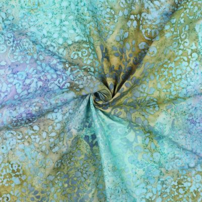 Tissu Batik de Viscose Motifs Organiques sur fond Vert olive - Par 10 cm