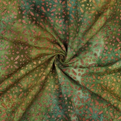 Tissu Batik de Viscose fines rosaces sur fond Vert olive - Par 10 cm