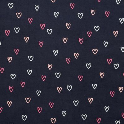 Tissu Velours milleraies imprimé Coeurs roses sur fond Bleu marine - Par 10 cm