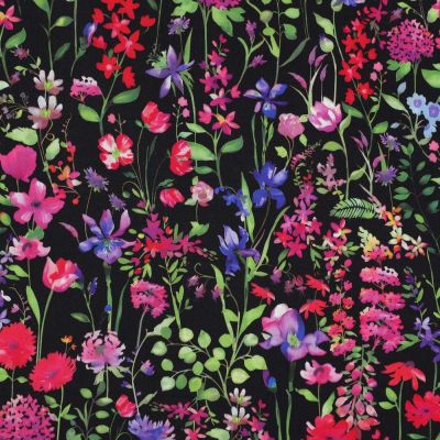 Tissu Satin de Viscose digital Floral vert et rouge sur fond Noir - Par 10 cm