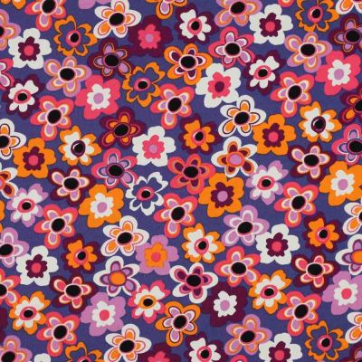 Tissu Jersey stretch fleurs Floraviva muticolores sur fond Violet - Par 10 cm