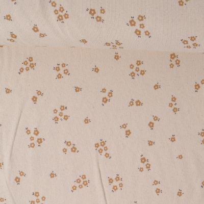 Tissu maille cotêlé coton petites fleurs sur fond Crème - Par 10 cm