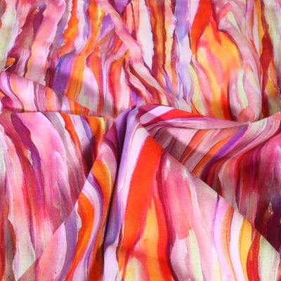 Tissu Viscose Digital imprimé Lignes ondulées sur fond Multicolore - Par 10 cm