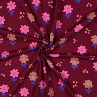 Tissu Jersey Coton imprimé Fleurs pailletées Rose et taupe sur fond Bordeaux - Par 10 cm