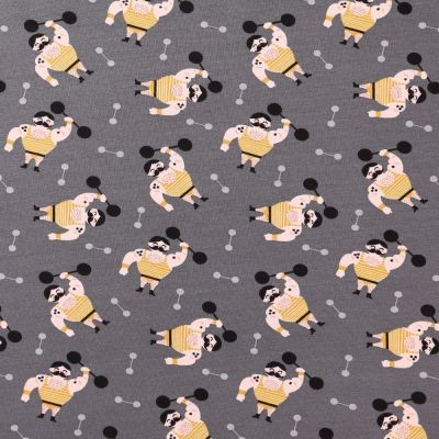Tissu Jersey Coton Athlètes Jaunes et noirs sur fond Gris - Par 10 cm