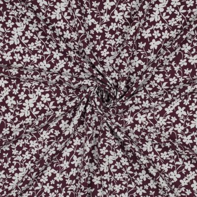 Coupon Tissu Viscose imprimé Petites Fleurs Blanche sur fond Bordeaux foncé - Coupon de 200 cm